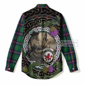 Young Tartan Crest Bagpipe Nessie Women Casual Shirt Scottish Loch Ness Monster Celtic Thistle