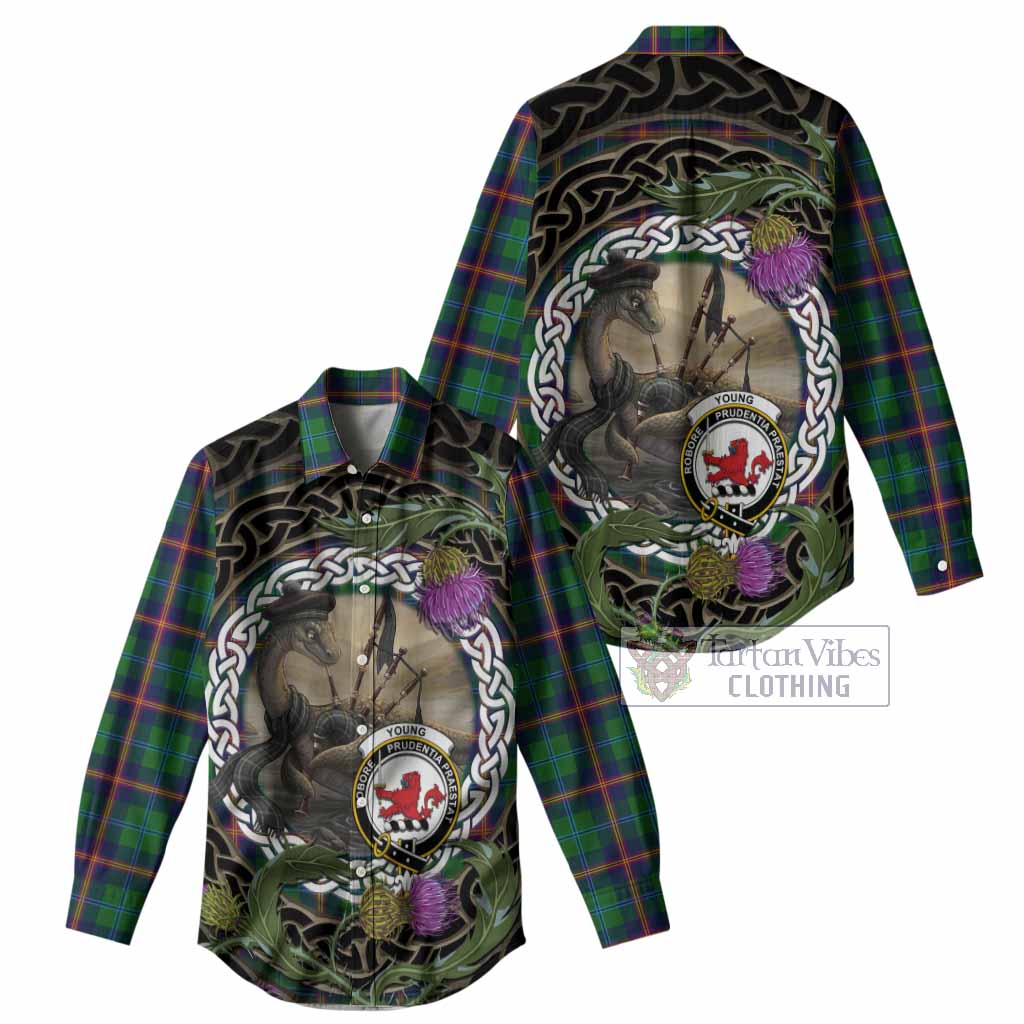 Young Tartan Crest Bagpipe Nessie Women Casual Shirt Scottish Loch Ness Monster Celtic Thistle