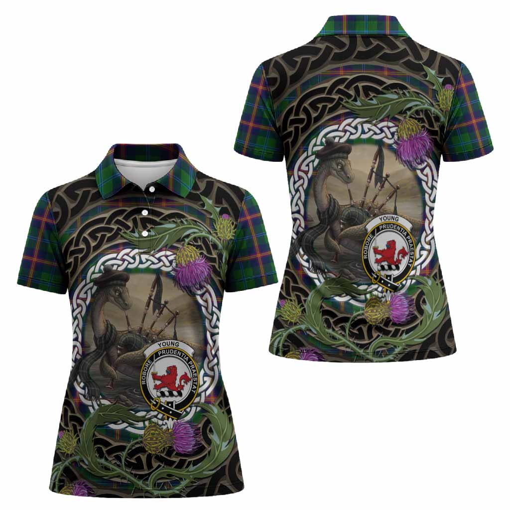 Young Tartan Crest Bagpipe Nessie Women Polo Shirt Scottish Loch Ness Monster Celtic Thistle