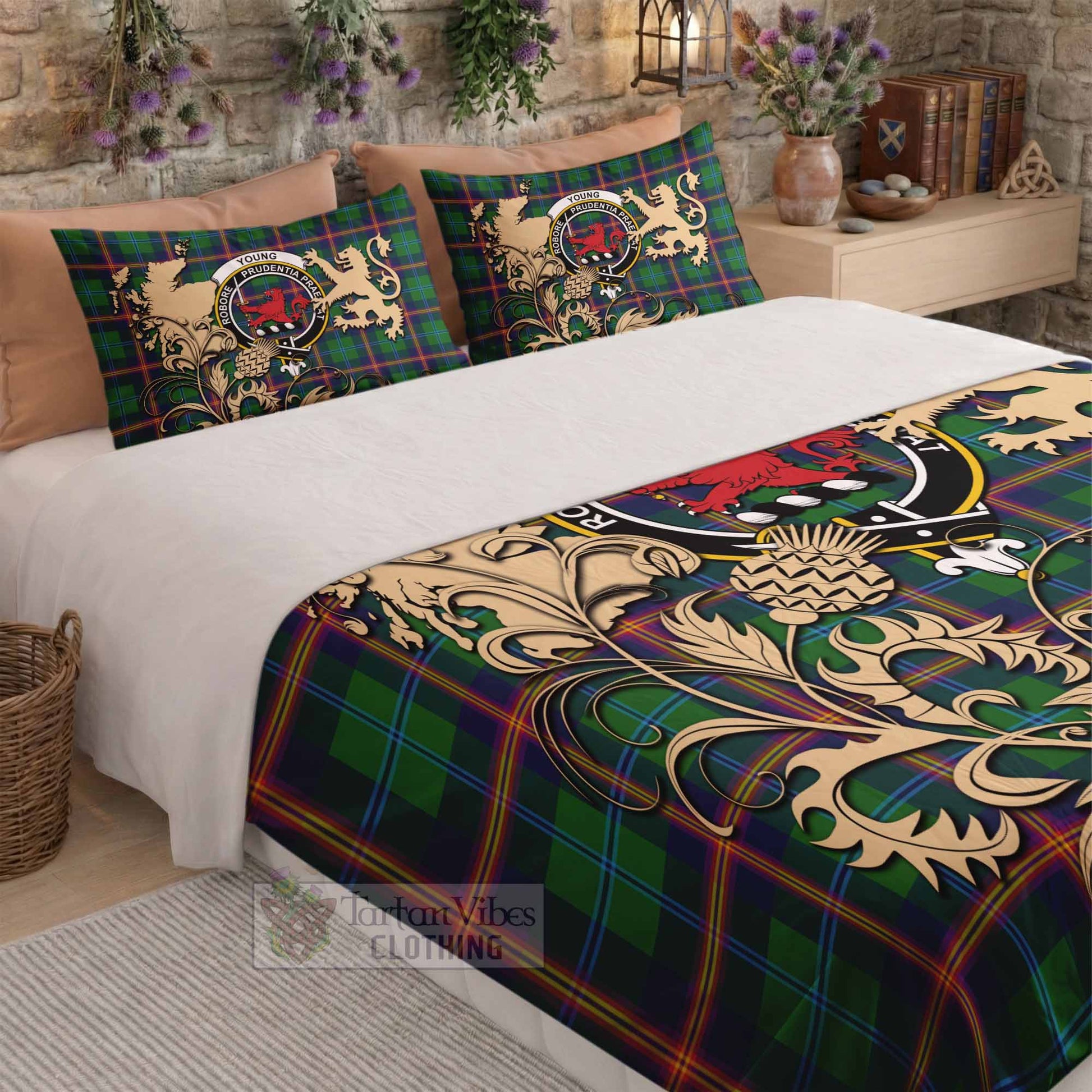 Young Tartan Crest Bedding Set with Scottish Iconic Symbols 