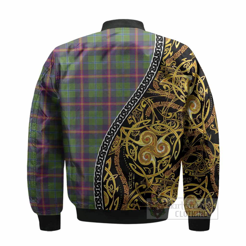Young Tartan Crest Bomber Jacket Celtic Knot and Triple Trickle Spiral Symbols