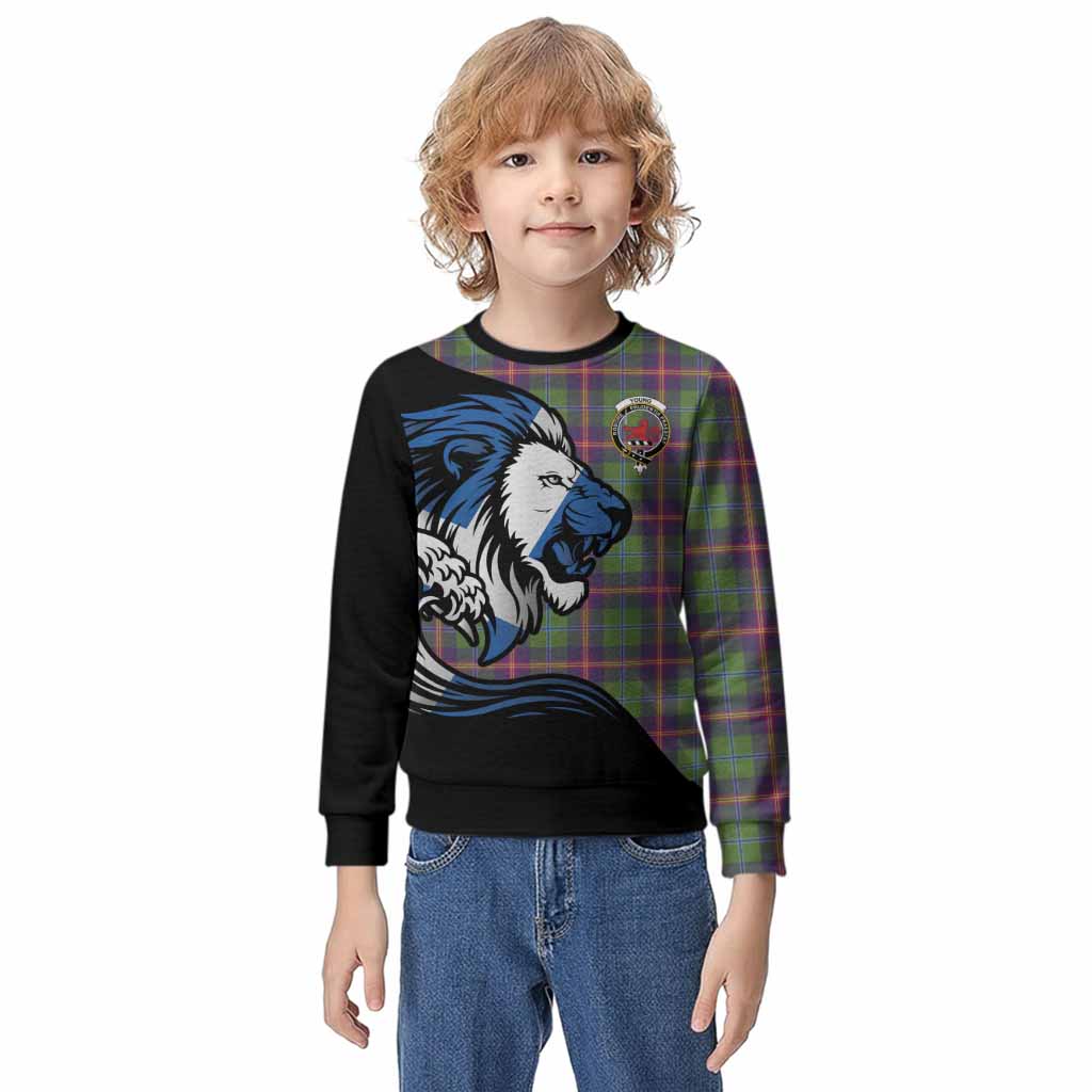 Young Tartan Crest Kid Knitted Sweatshirt Scottish Golden Lions Wave Flow