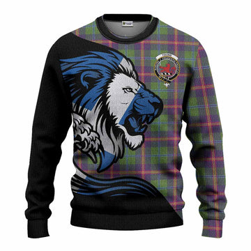 Young Tartan Crest Knitted Sweater Scottish Golden Lions Wave Flow