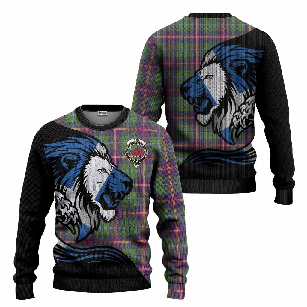 Young Tartan Crest Knitted Sweater Scottish Golden Lions Wave Flow