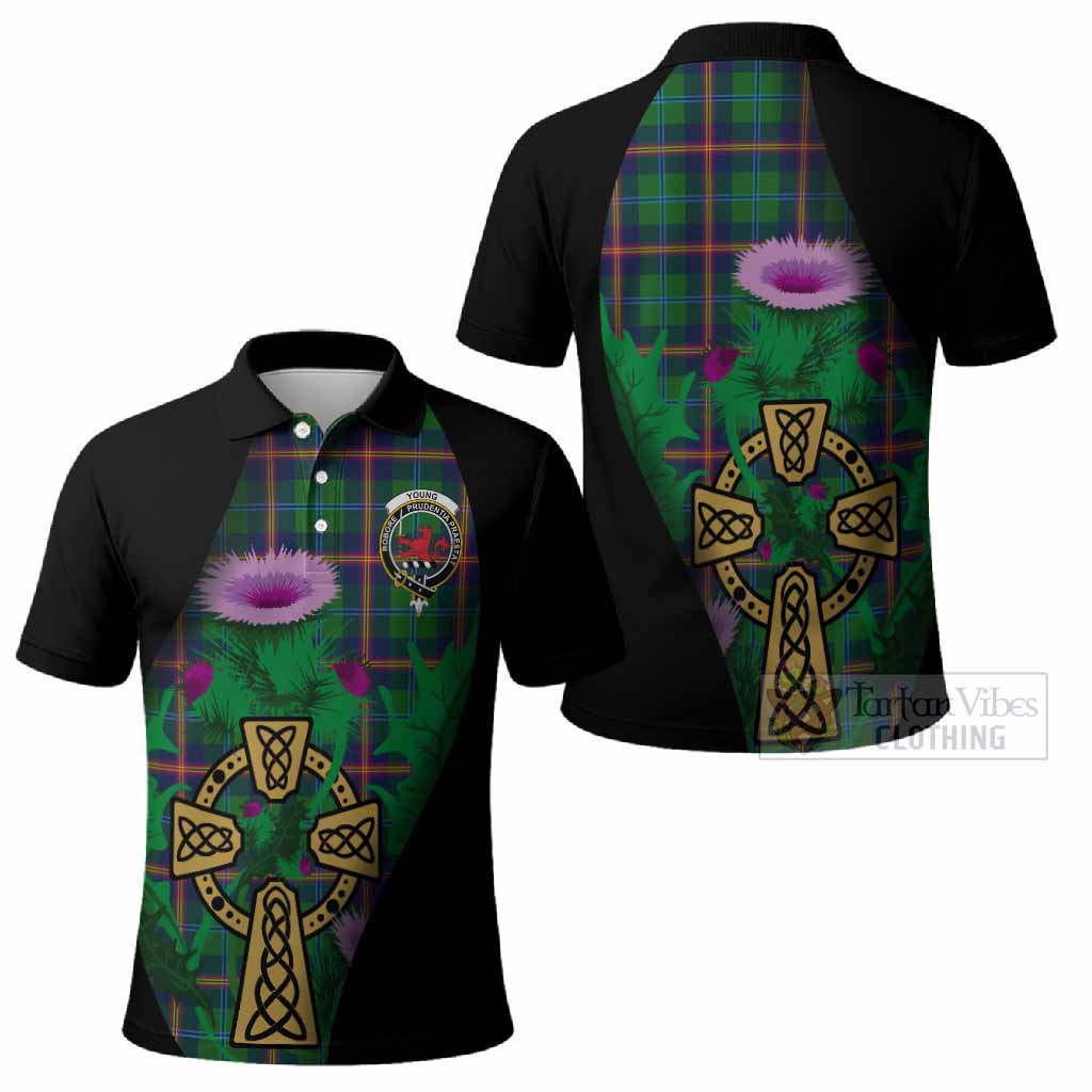 Young Tartan Crest Polo Shirt Celtic Cross Thistle Flowers
