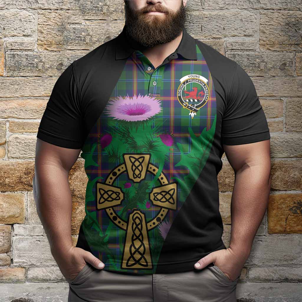 Young Tartan Crest Polo Shirt Celtic Cross Thistle Flowers
