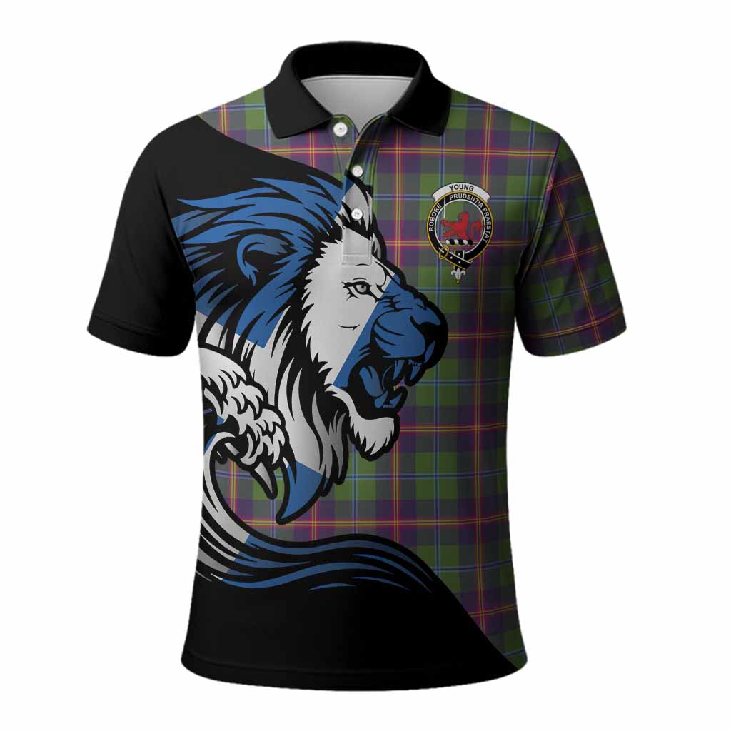 Young Tartan Crest Polo Shirt Scottish Golden Lions Wave Flow