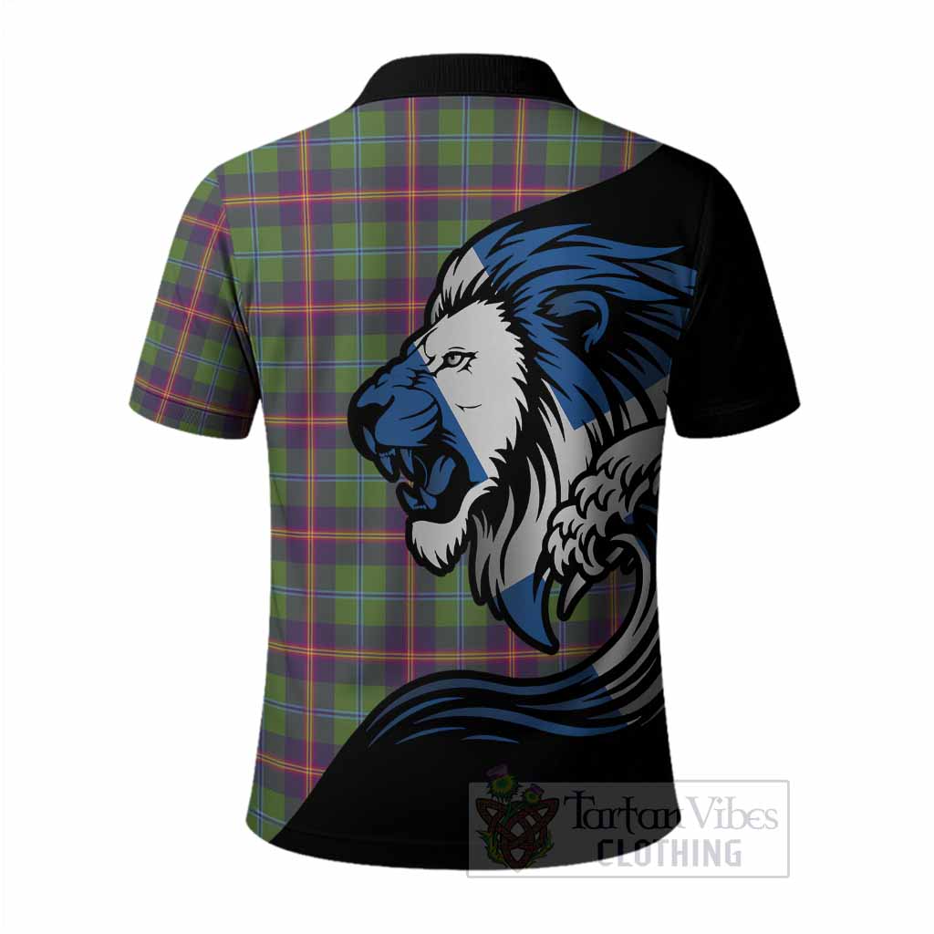 Young Tartan Crest Polo Shirt Scottish Golden Lions Wave Flow