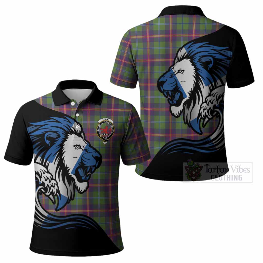 Young Tartan Crest Polo Shirt Scottish Golden Lions Wave Flow
