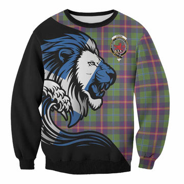 Young Tartan Crest Sweatshirt Scottish Golden Lions Wave Flow
