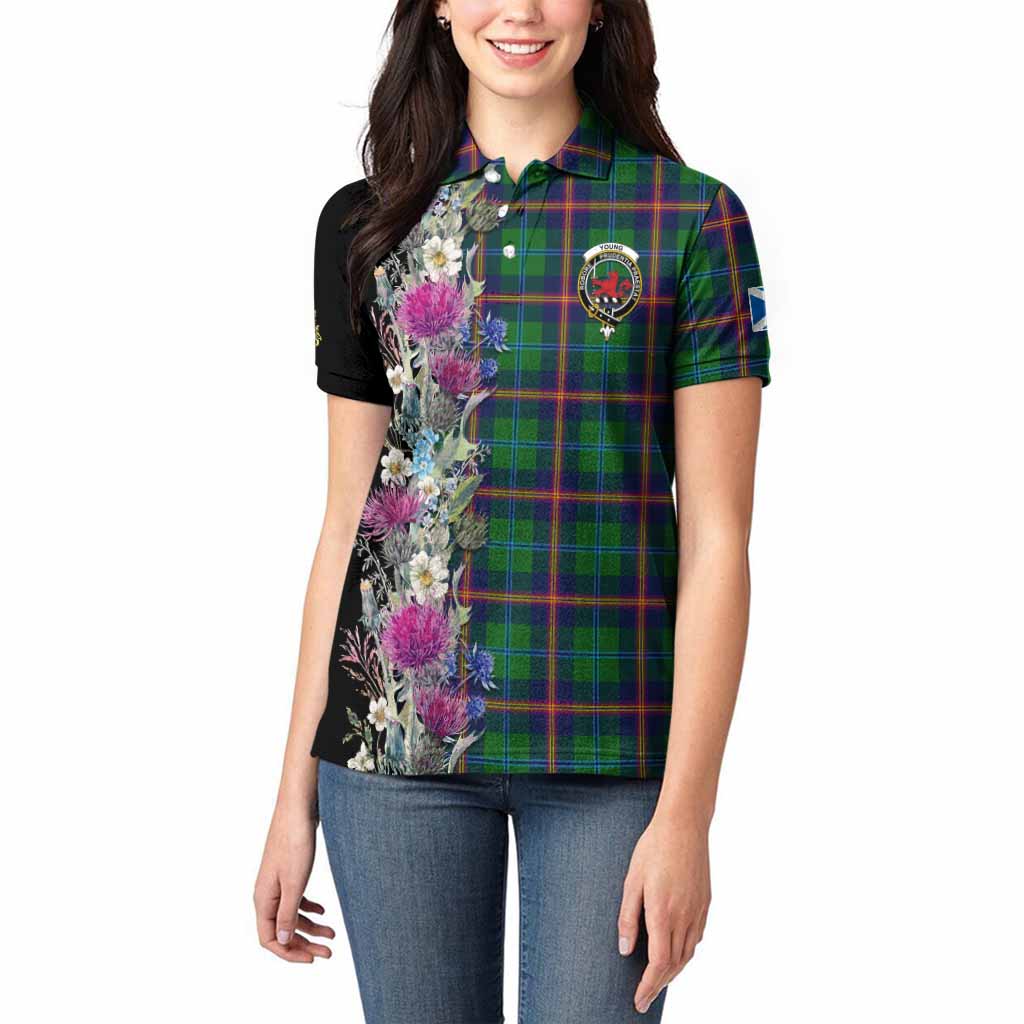Young Tartan Crest Thistle Floral Women Polo Shirt