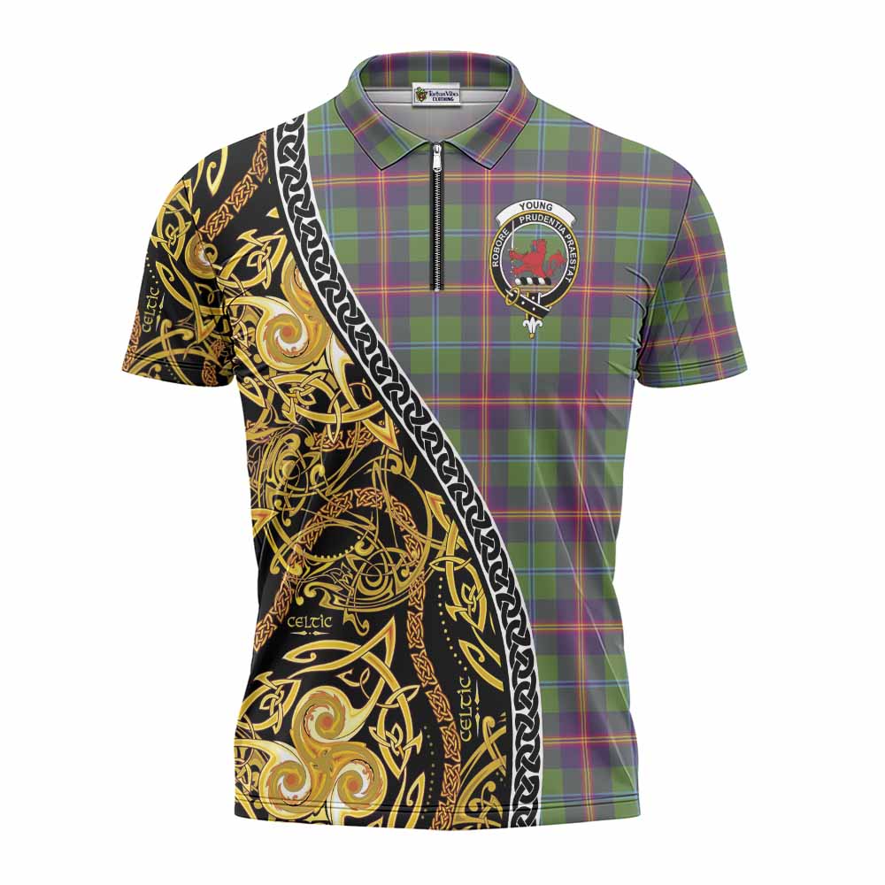 Young Tartan Crest Zipper Polo Shirt Celtic Knot and Triple Trickle Spiral Symbols
