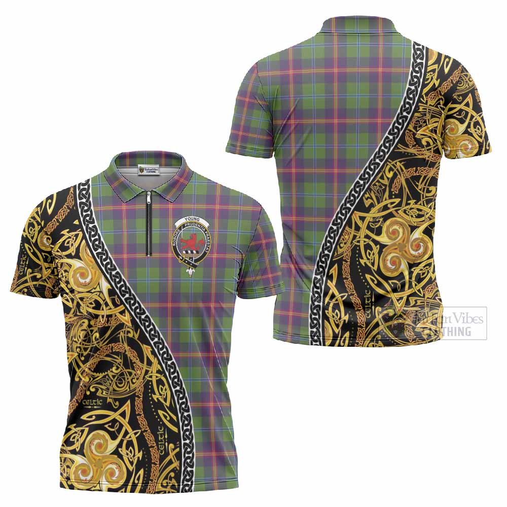 Young Tartan Crest Zipper Polo Shirt Celtic Knot and Triple Trickle Spiral Symbols