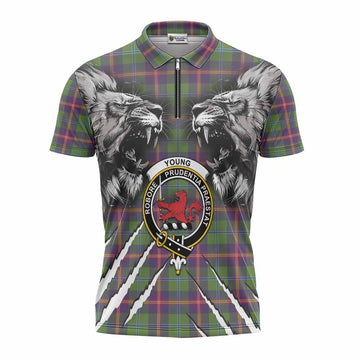 Young Tartan Crest Zipper Polo Shirt Ferocious Lion Style