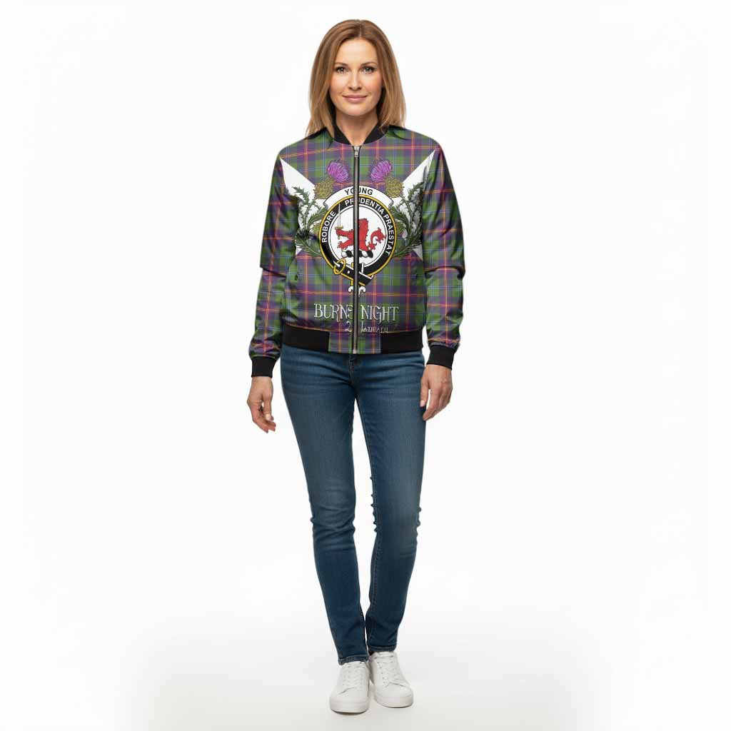 Young Tartan Family Crest Bomber Jacket Scottish Burns Night Thistle Floral