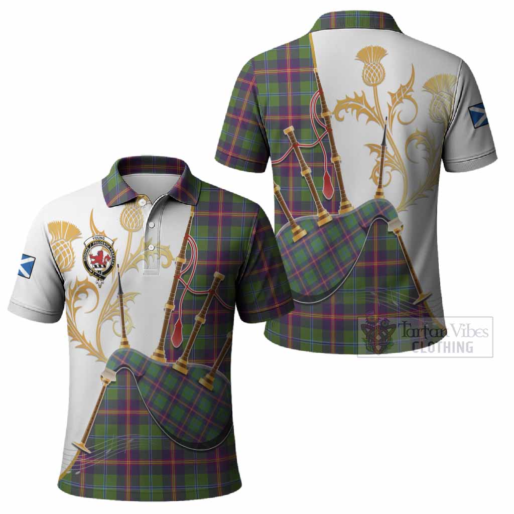 Young Tartan Family Crest Polo Shirt Bagpipes with Scottish Thistle