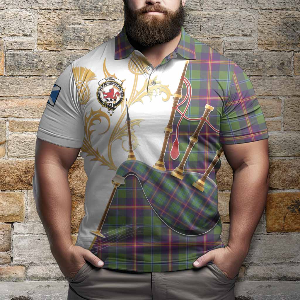 Young Tartan Family Crest Polo Shirt Bagpipes with Scottish Thistle