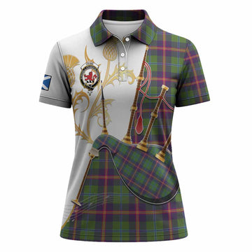 Young Tartan Family Crest Women Polo Shirt Bagpipes with Scottish Thistle