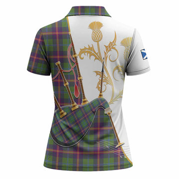 Young Tartan Family Crest Women Polo Shirt Bagpipes with Scottish Thistle