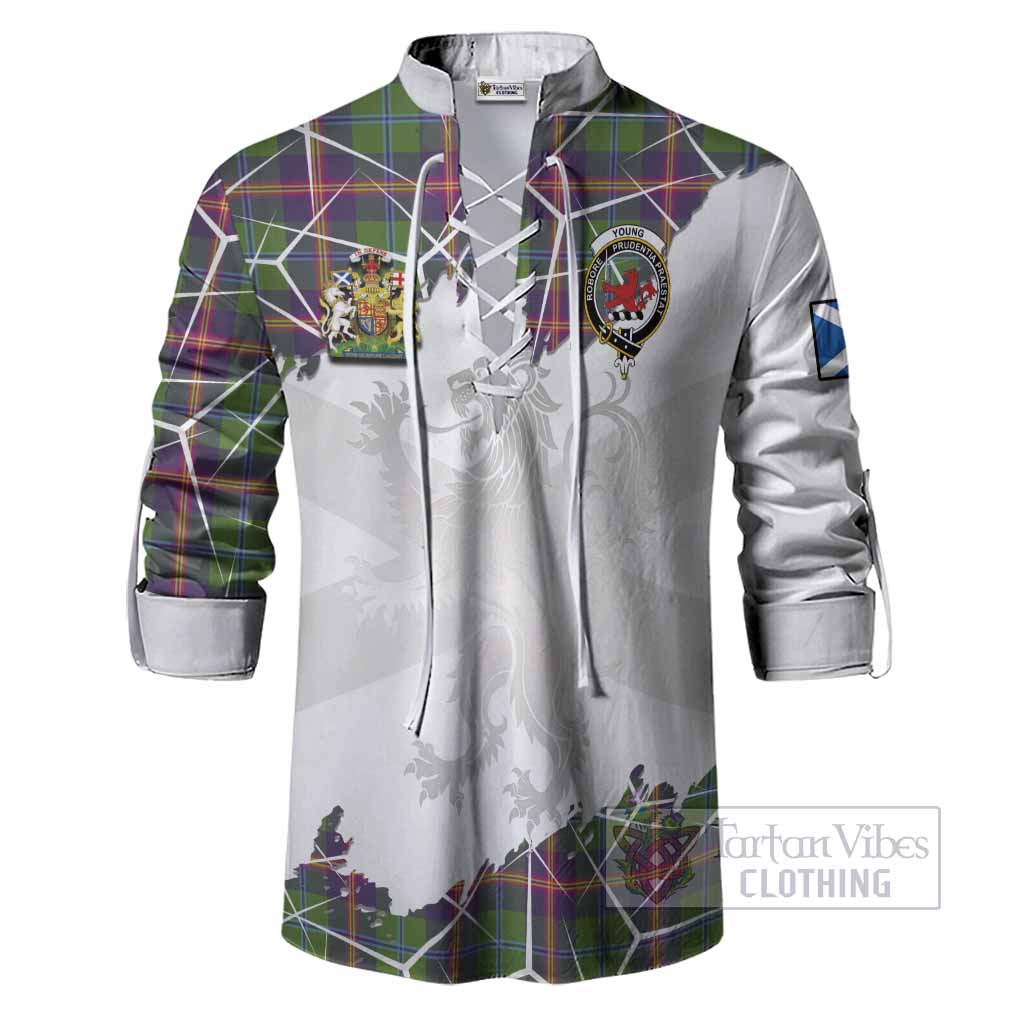 Young Tartan Ghillie Shirt with Family Crest and Lion Rampant Grunge Style