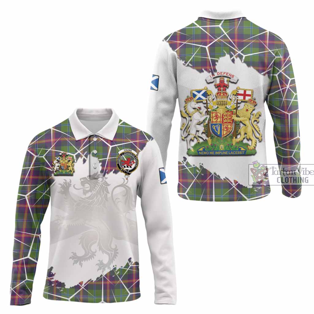 Young Tartan Long Sleeve Polo Shirt with Family Crest and Lion Rampant Grunge Style