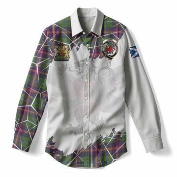 Young Tartan Women Casual Shirt with Family Crest and Lion Rampant Grunge Style
