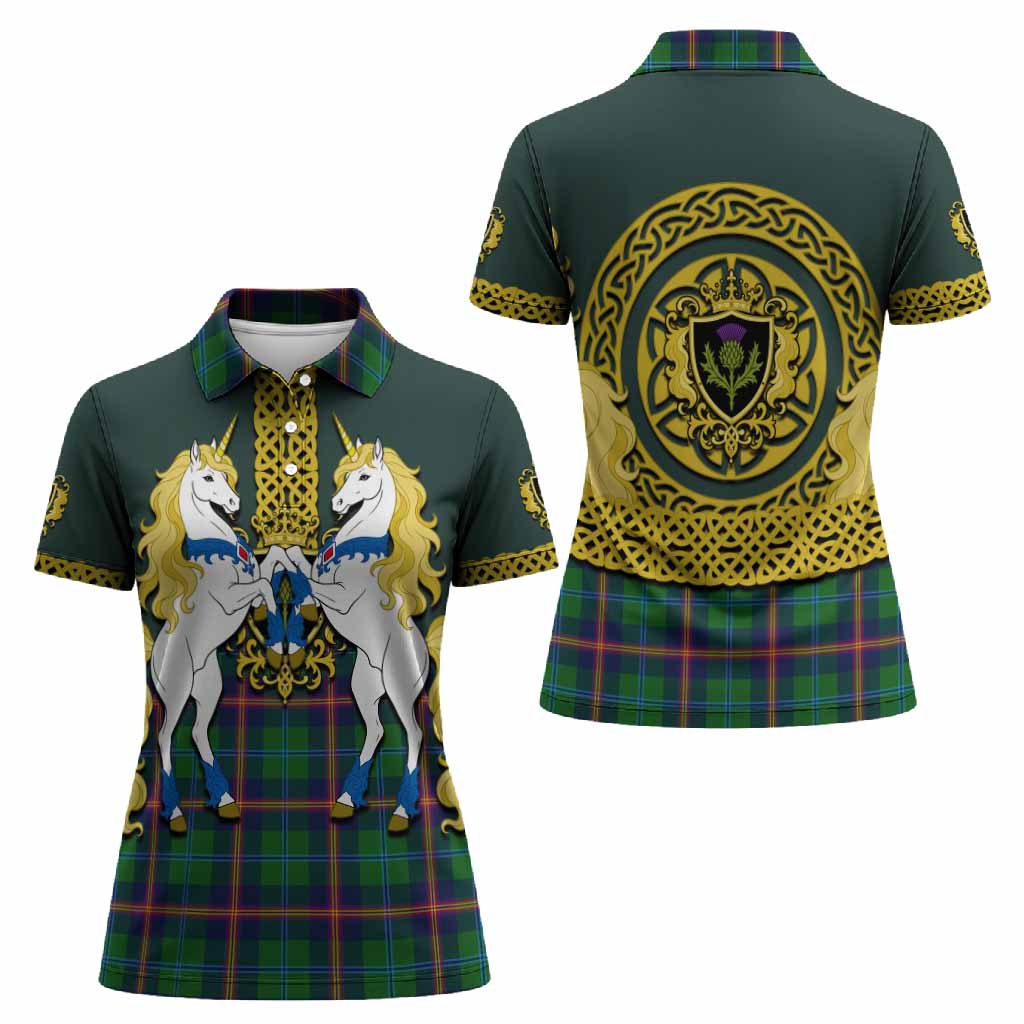 Young Tartan Women Polo Shirt Unicorn Celtic Knot And Thistle Emblem