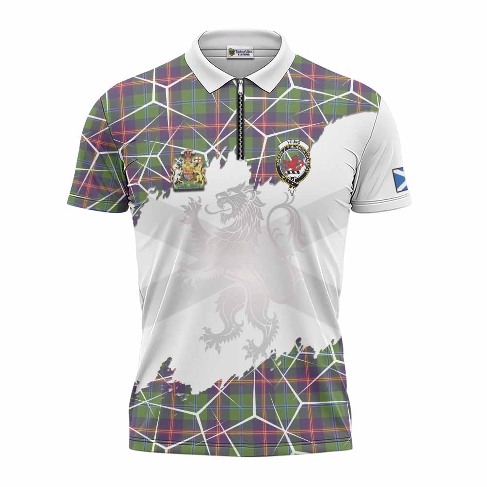 Young Tartan Zipper Polo Shirt with Family Crest and Lion Rampant Grunge Style