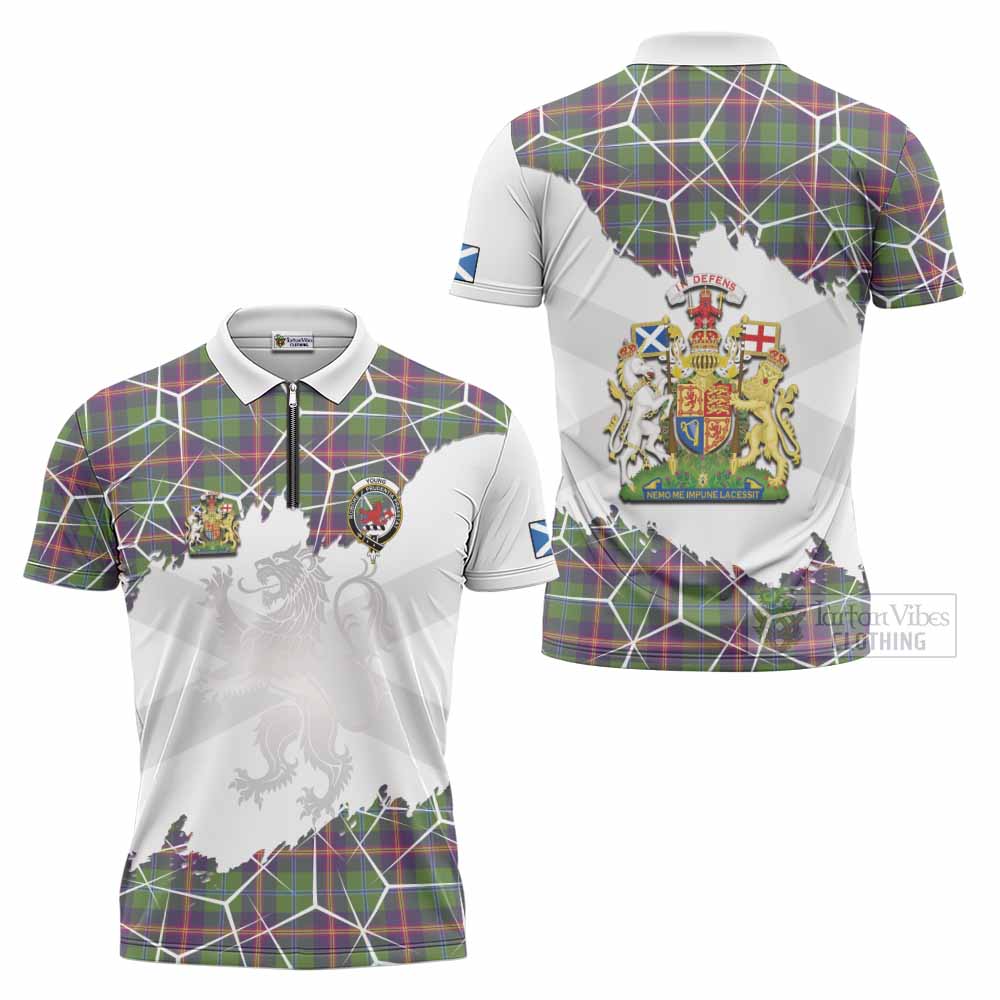 Young Tartan Zipper Polo Shirt with Family Crest and Lion Rampant Grunge Style