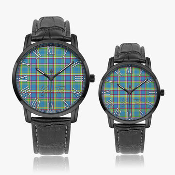 Yukon Territory Canada Tartan Personalized Your Text Leather Trap Quartz Watch Wide Type Black Case With Black Leather Strap - Tartanvibesclothing Shop