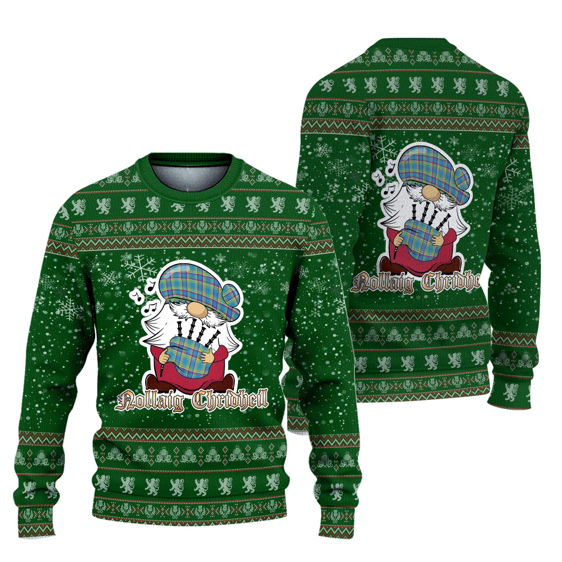 Yukon Territory Canada Clan Christmas Family Knitted Sweater with Funny Gnome Playing Bagpipes Unisex Green - Tartanvibesclothing
