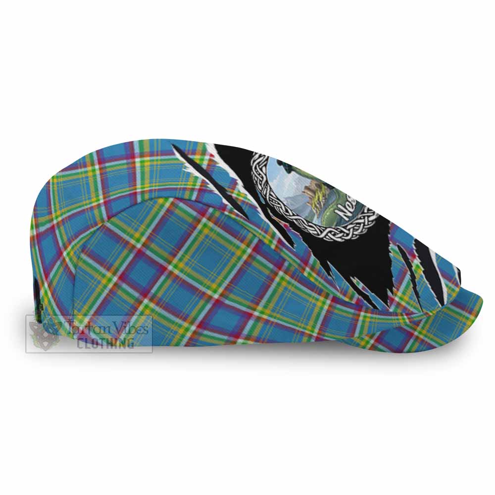 Yukon Territory Tartan Loch Ness Monster Flat Cap, Jeff Cap Celtic Knot Nessie Art