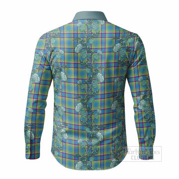 Yukon Territory Tartan Long Sleeve Button Shirts Seamless Scottish Thistle Flowers