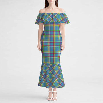 Yukon Territory Tartan Off Shoulder Ruffle Mermaid Maxi Dress