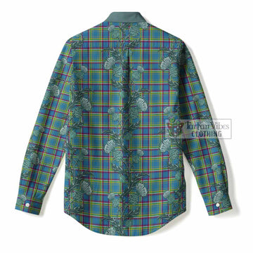 Yukon Territory Tartan Women Casual Shirt Seamless Scottish Thistle Flowers