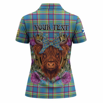 Yukon Territory Tartan Women Polo Shirt Scottish Thistle Heilan Coo