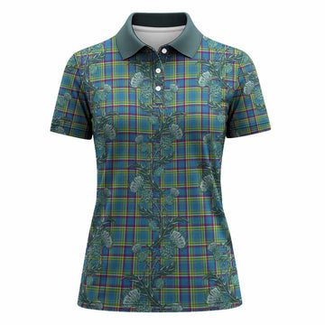 Yukon Territory Tartan Women Polo Shirt Seamless Scottish Thistle Flowers