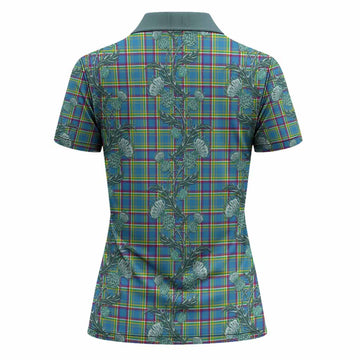 Yukon Territory Tartan Women Polo Shirt Seamless Scottish Thistle Flowers