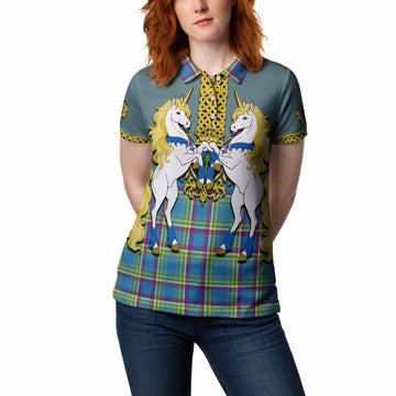 Yukon Territory Tartan Women Polo Shirt Unicorn Celtic Knot And Thistle Emblem
