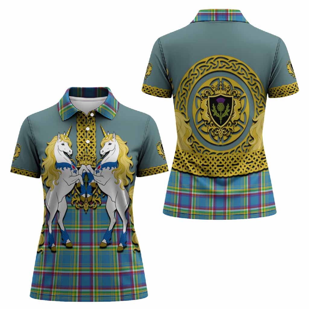 Yukon Territory Tartan Women Polo Shirt Unicorn Celtic Knot And Thistle Emblem