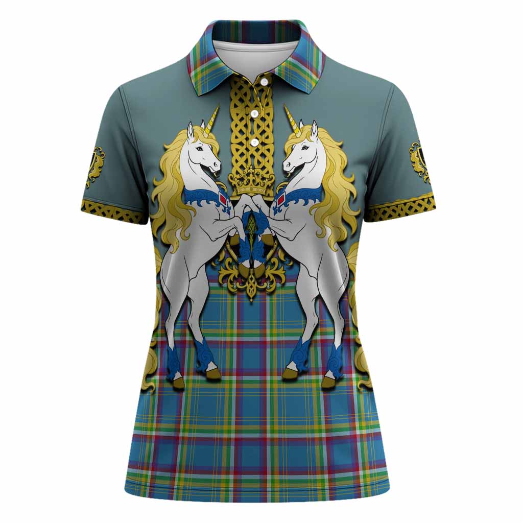 Yukon Territory Tartan Women Polo Shirt Unicorn Celtic Knot And Thistle Emblem
