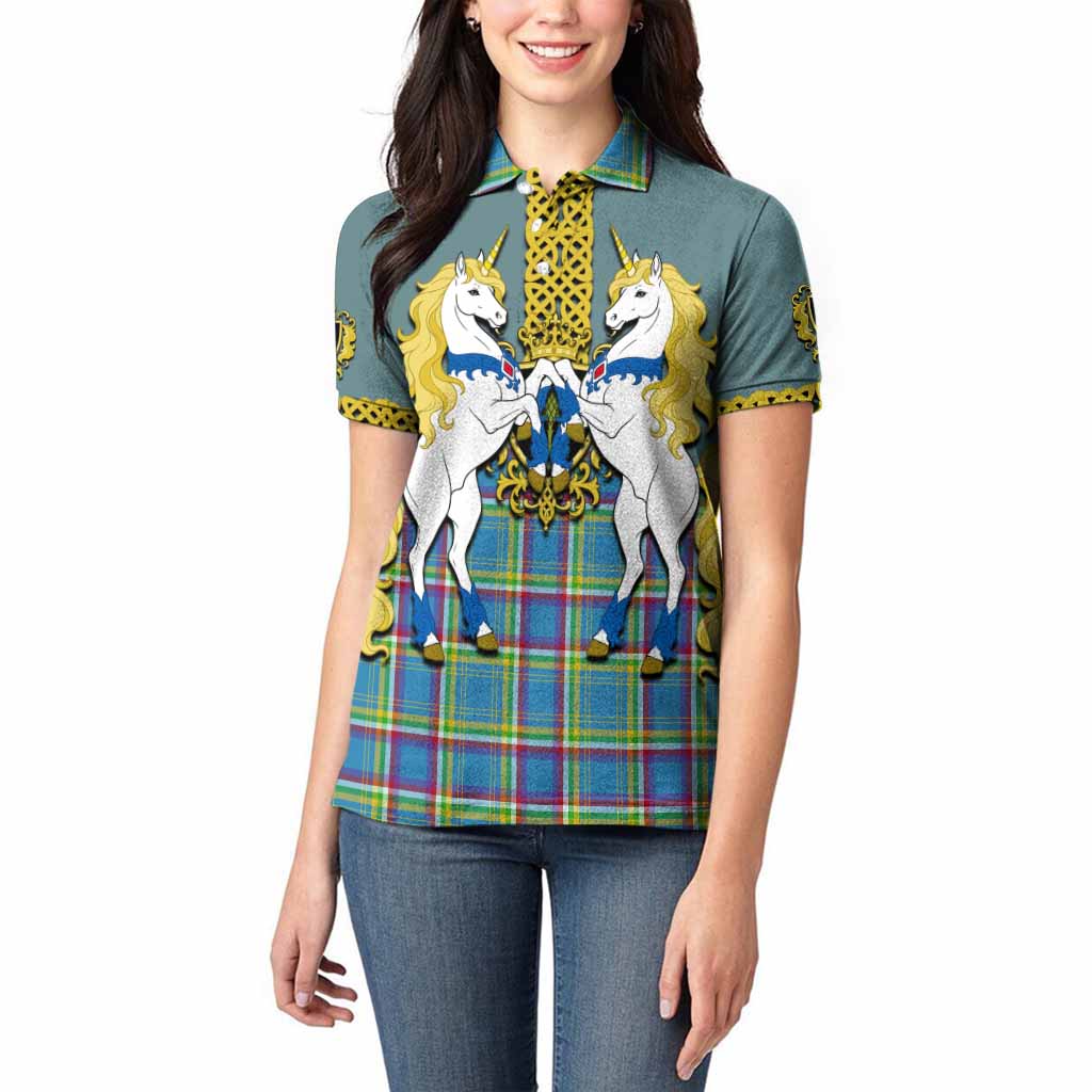 Yukon Territory Tartan Women Polo Shirt Unicorn Celtic Knot And Thistle Emblem