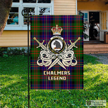 Chalmers Tartan Garden Flag with Clan Crest and the Golden Sword of Courageous Legacy