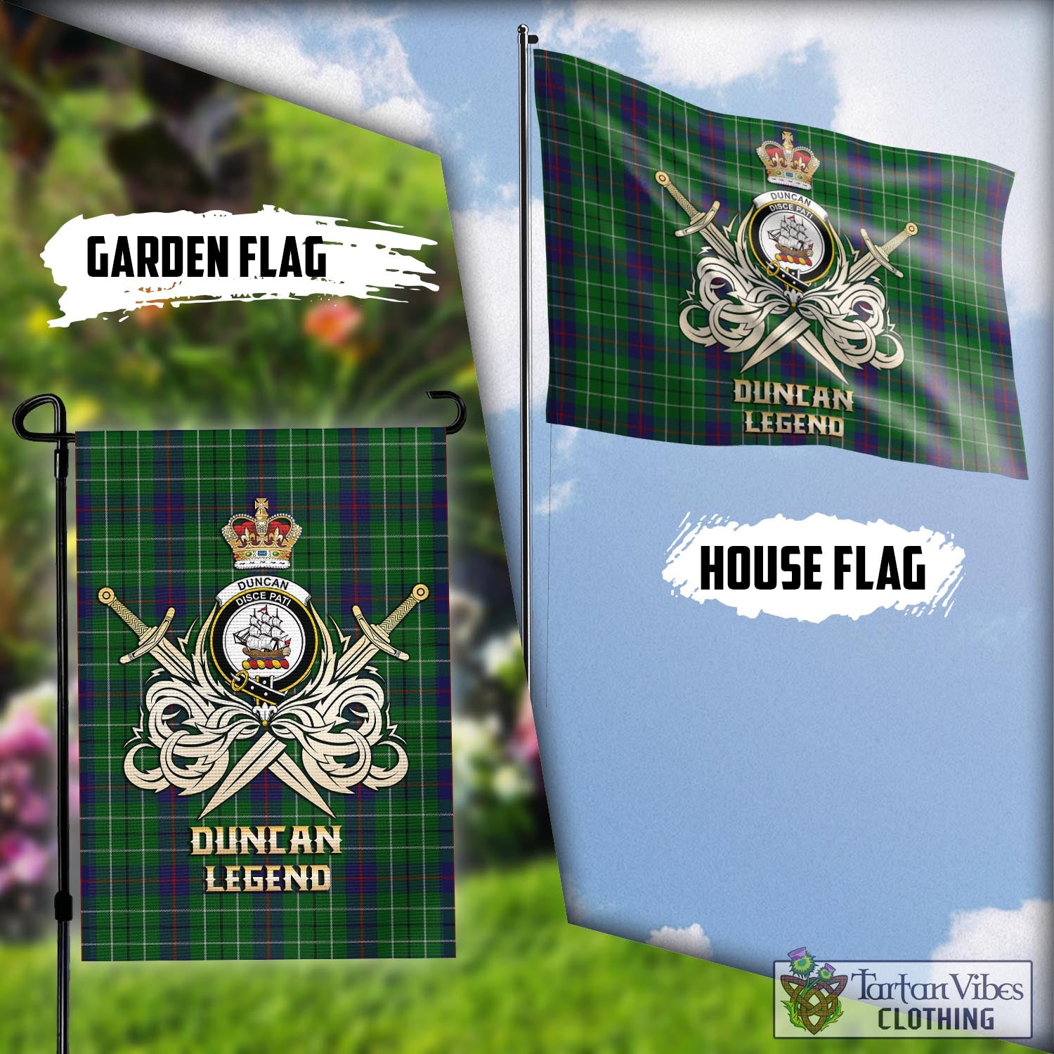 Tartan Vibes Clothing Duncan Tartan Flag with Clan Crest and the Golden Sword of Courageous Legacy