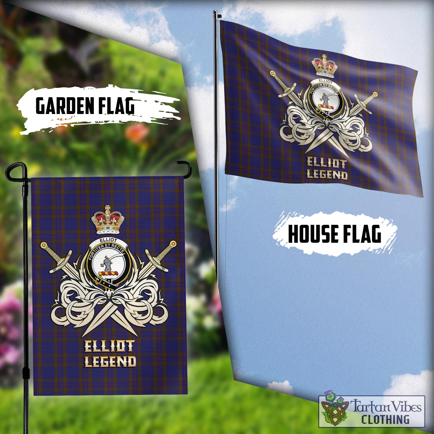 Tartan Vibes Clothing Elliot Tartan Flag with Clan Crest and the Golden Sword of Courageous Legacy
