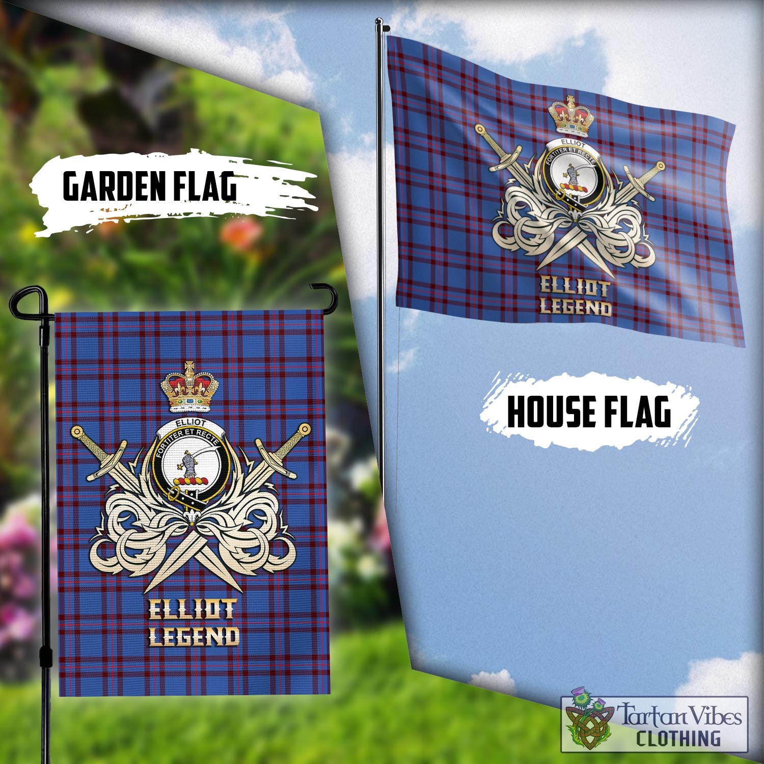 Tartan Vibes Clothing Elliot Modern Tartan Flag with Clan Crest and the Golden Sword of Courageous Legacy