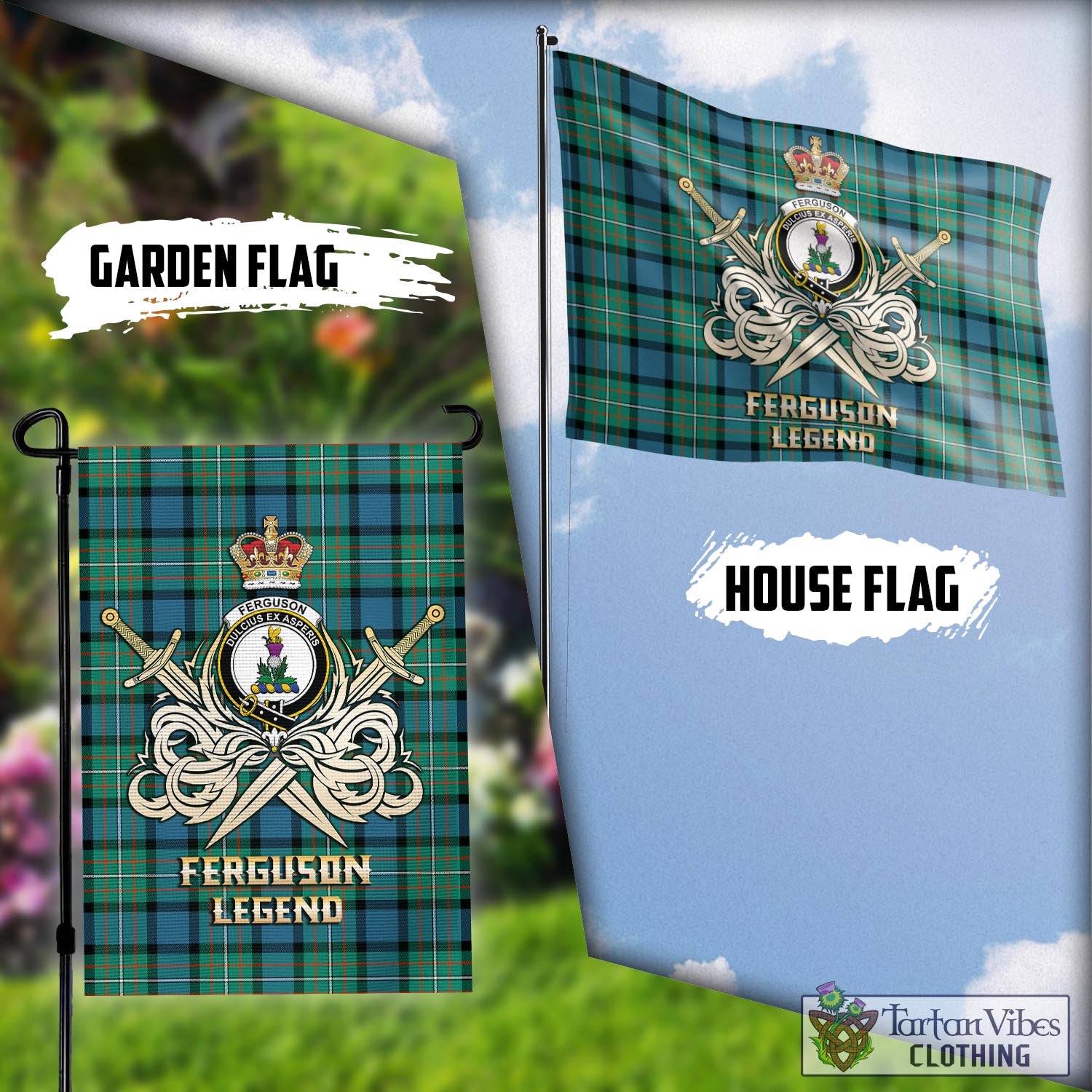 Tartan Vibes Clothing Ferguson Ancient Tartan Flag with Clan Crest and the Golden Sword of Courageous Legacy