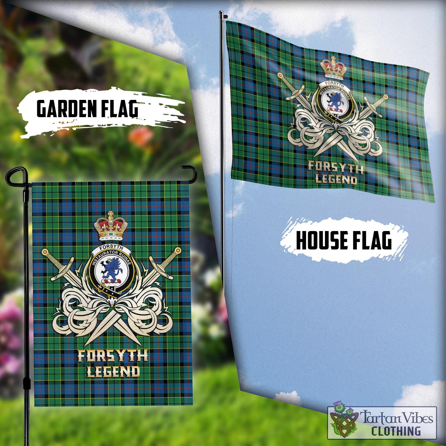 Tartan Vibes Clothing Forsyth Ancient Tartan Flag with Clan Crest and the Golden Sword of Courageous Legacy