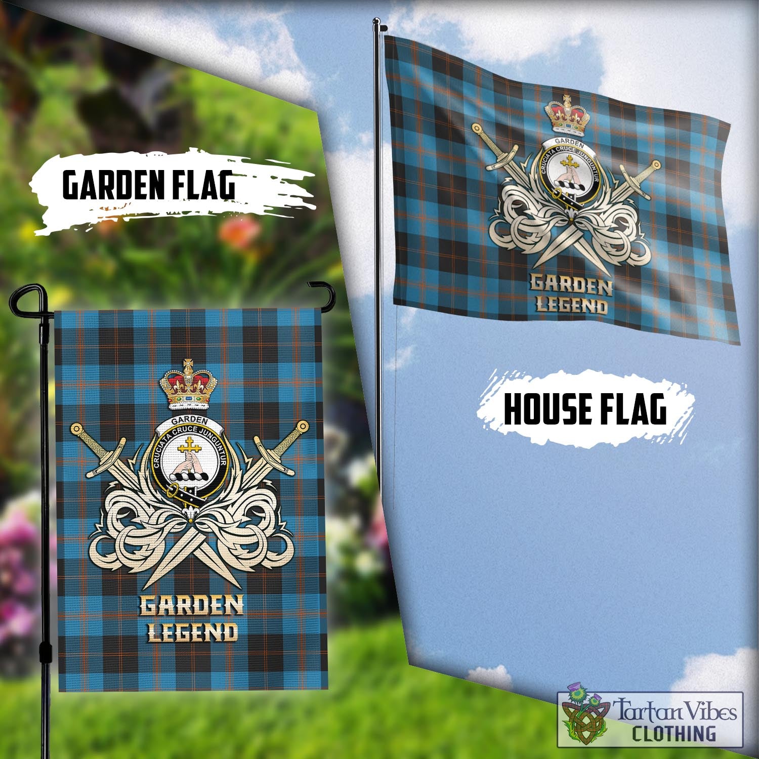 Tartan Vibes Clothing Garden Tartan Flag with Clan Crest and the Golden Sword of Courageous Legacy