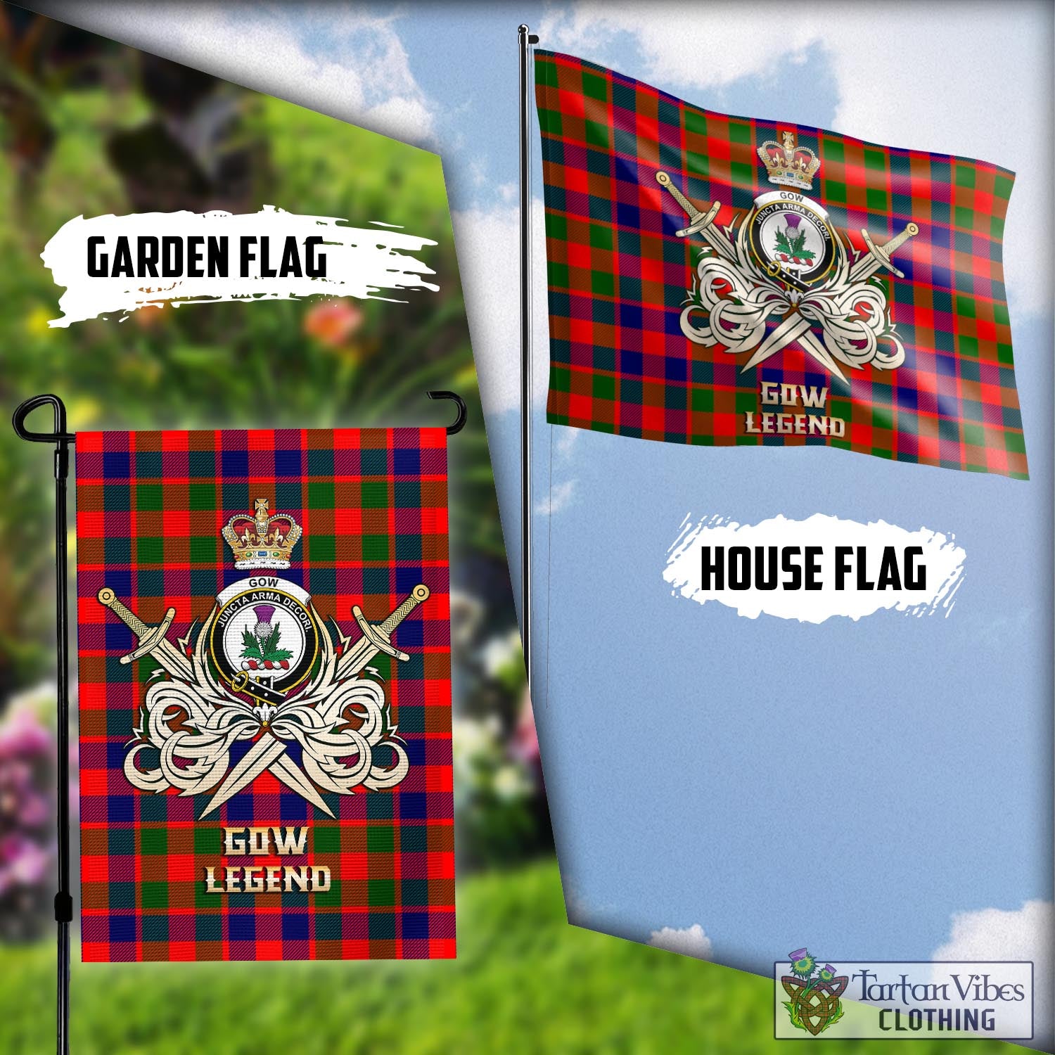 Tartan Vibes Clothing Gow of Skeoch Tartan Flag with Clan Crest and the Golden Sword of Courageous Legacy